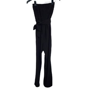 EUC Chesley Strapless Black Wide Leg Jumpsuit Shirred Ruffled with Belt